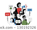 Minimalist vector illustration of diverse group of people holding signs, ballots and megaphone. 130192326