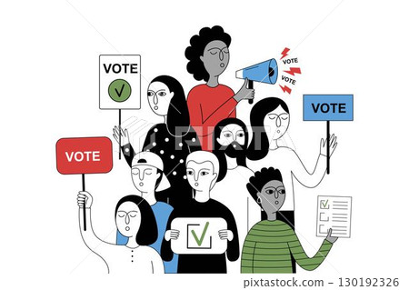 Minimalist vector illustration of diverse group of people holding signs, ballots and megaphone. 130192326