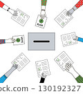 Minimalist vector illustration of hands holding ballots with ballot box on white background. 130192327