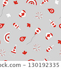 Festive seamless pattern with Canadian maple leaves, balloons, fireworks, ice cream, party hats, and hearts in red and white colors. 130192335