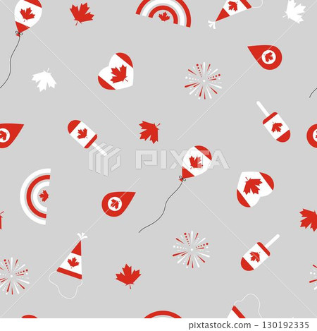 Festive seamless pattern with Canadian maple leaves, balloons, fireworks, ice cream, party hats, and hearts in red and white colors. 130192335