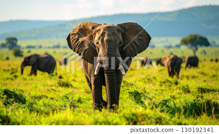 elephant in the wild, African elephant walking across lush green savanna, with herd in the background and distant hills under soft sunlight, symbolizing wildlife, strength, nature, and conservation elephant in the wild, African elephant walking across lush green savanna, with herd in the background and distant hills under soft sunlight, symbolizing wildlife, strength, nature, and conservation 130192341