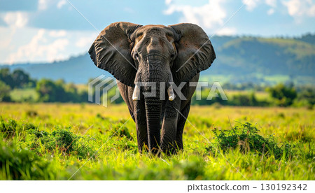 elephant in the wild, African elephant walking across lush green savanna, with herd in the background and distant hills under soft sunlight, symbolizing wildlife, strength, nature, and conservation 130192342