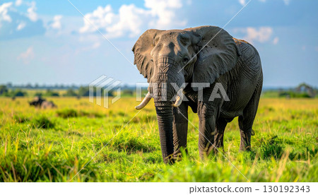 elephant in the wild, African elephant walking across lush green savanna, with herd in the background and distant hills under soft sunlight, symbolizing wildlife, strength, nature, and conservation elephant in the wild, African elephant walking across lush green savanna, with herd in the background and distant hills under soft sunlight, symbolizing wildlife, strength, nature, and conservation 130192343