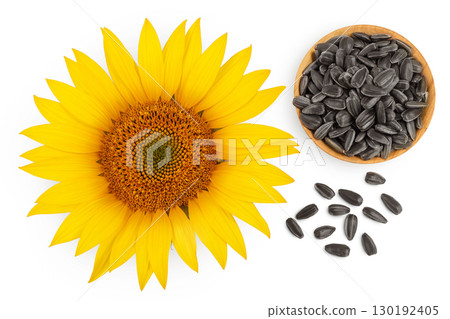 Sunflower with seeds in wooden bowl isolated on a white background. Top view. Flat lay 130192405