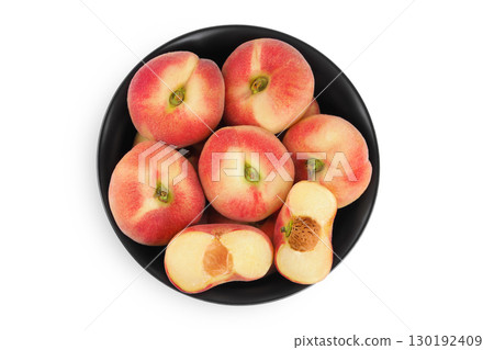 chinese flat donut peaches in ceramic bowl isolated on white background. Top view. Flat lay chinese flat donut peaches in ceramic bowl isolated on white background. Top view. Flat lay 130192409