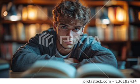 Young Man Studying in Library Under Gentle Warm Lighting 130192434