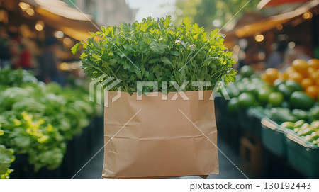 Fresh parsley bunch in brown paper bag at farmers market 130192443