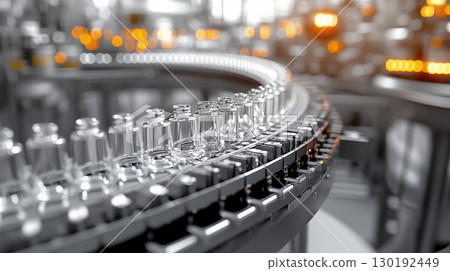 Glass vials on automated production line in modern pharmaceutical factory 130192449