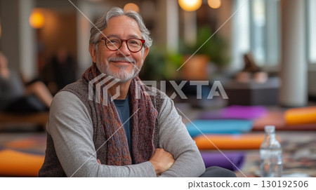 Smiling Man Relaxing in Yoga Studio With Cozy Atmosphere Smiling Man Relaxing in Yoga Studio With Cozy Atmosphere 130192506