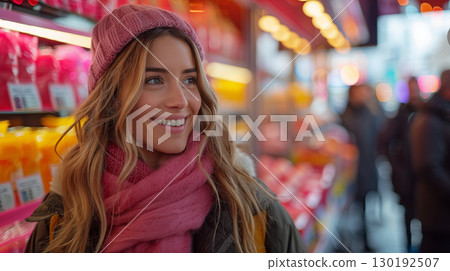 Smiling Woman Enjoying Colorful City Market in Winter 130192507