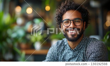 Smiling Young Man with Glasses in a Warm Cafe Environment 130192508