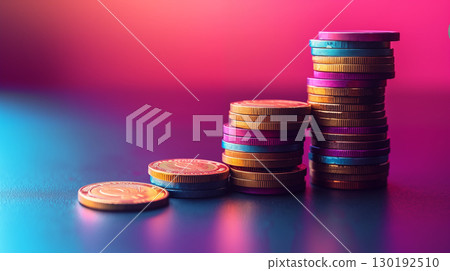 Stacked colorful coins showing financial growth on gradient background 130192510