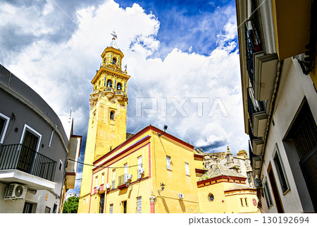 Tower, bell tower of the church of Santiago de Alcala de Guadaira, located in the Plaza del Derribo. Seville 130192694