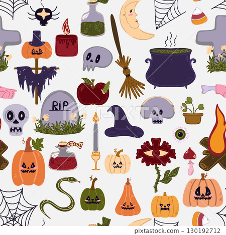 Seamless pattern of cute Halloween elements in cartoon style: pumpkins, skulls, candles, cauldron, witch hat, spider web and other holiday attributes 130192712