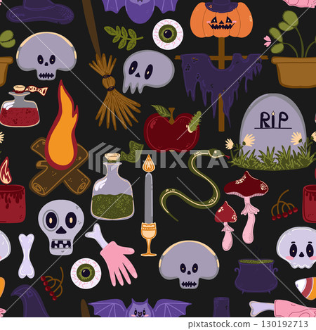Seamless pattern of cute Halloween elements in cartoon style: pumpkins, skulls, candles, cauldron, witch hat, spider web and other holiday attributes 130192713