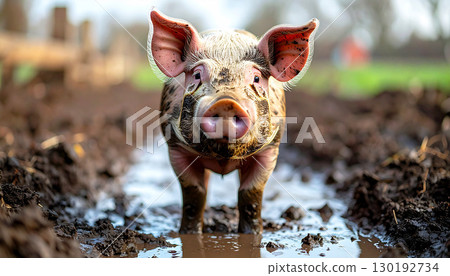 Close-up of a young piglet standing on lush green pasture with herd grazing in background, representing farm life, innocence, and the natural beauty of countryside agriculture Close-up of a young piglet standing on lush green pasture with herd grazing in background, representing farm life, innocence, and the natural beauty of countryside agriculture 130192734