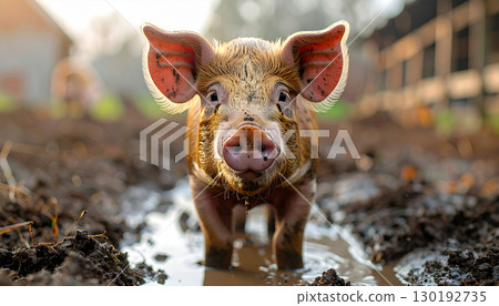 Close-up of a young piglet standing on lush green pasture with herd grazing in background, representing farm life, innocence, and the natural beauty of countryside agriculture Close-up of a young piglet standing on lush green pasture with herd grazing in background, representing farm life, innocence, and the natural beauty of countryside agriculture 130192735
