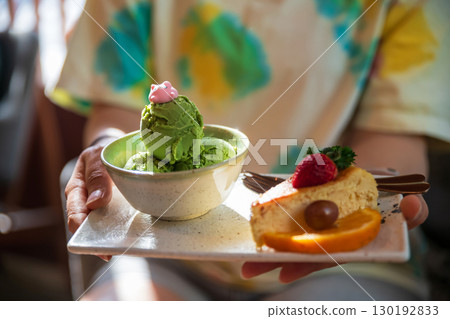Matcha green tea ice cream and cheesecake with fresh fruits Matcha green tea ice cream and cheesecake with fresh fruits 130192833