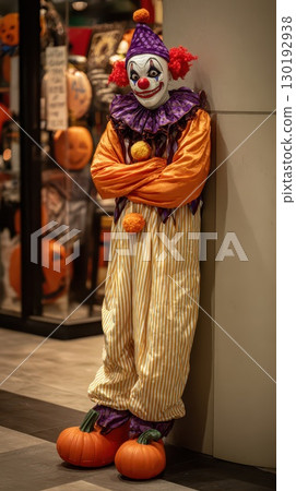 Clown by decorated pumpkins 130192938