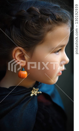 Child in costume with pumpkin earrings 130192939