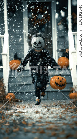 Child in pumpkin costume celebrates Halloween 130192940