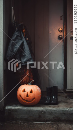Spooky autumn decor at a cozy entrance 130192952
