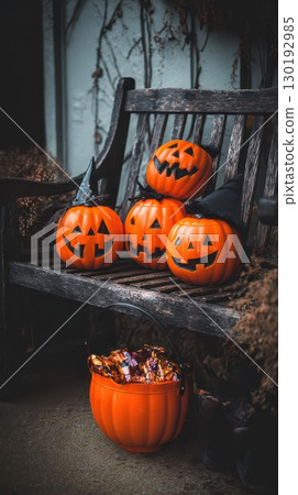 Pumpkins on bench for Halloween decor Pumpkins on bench for Halloween decor 130192985