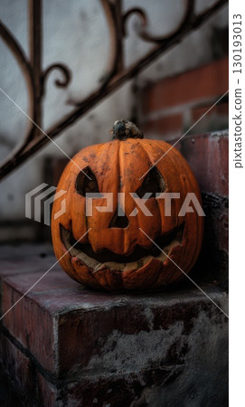 Pumpkin with carved face placed on outdoor steps 130193013