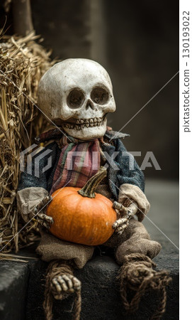 Spooky skeleton holding a pumpkin by hay bale 130193022