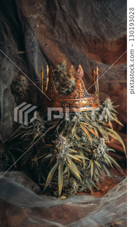 Crown placed on cannabis plant in creative display 130193028