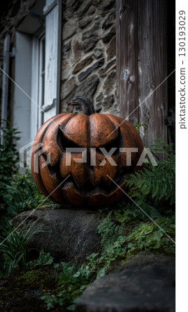Carved pumpkin with menacing expression on stone Carved pumpkin with menacing expression on stone 130193029