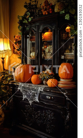 Autumn display with pumpkins flowers 130193032
