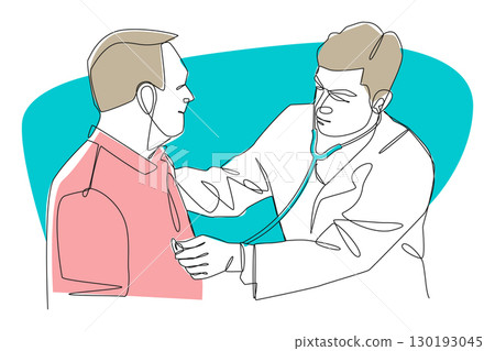 Single continuous line art drawing illustrations of doctor examining a patient with stethoscope in office . Editable stroke . Vector . Single continuous line art drawing illustrations of doctor examining a patient with stethoscope in office . Editable stroke . Vector . 130193045
