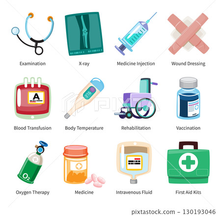 Set of medical equipments cartoon illustration . Vector . 130193046