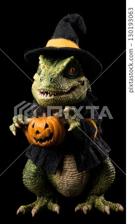 Halloween dinosaur wearing witch hat holds pumpkin 130193063