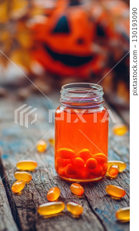 Festive jar of candy beside Halloween decorations 130193090