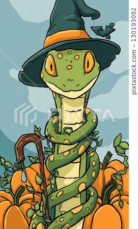 Colorful snake wearing a witch hat among pumpkins 130193092