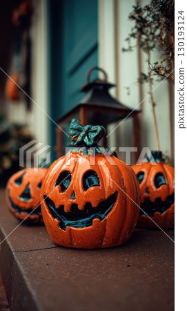 Pumpkins adorn a cozy Halloween porch 130193124