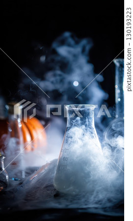 Laboratory setup with beakers and smoke effects 130193223
