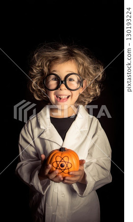 Child scientist holding a pumpkin in a lab coat Child scientist holding a pumpkin in a lab coat 130193224