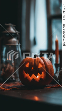 Carved pumpkin glowing in a cozy autumn setting Carved pumpkin glowing in a cozy autumn setting 130193226
