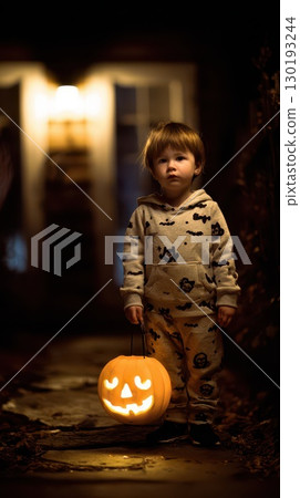 Child in pajamas holding a carved pumpkin at night 130193244