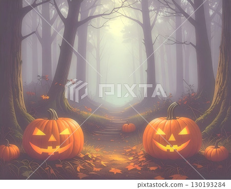 A Halloween pumpkin leads to the entrance of a fantasy forest. AI-generated image. A Halloween pumpkin leads to the entrance of a fantasy forest. AI-generated image. 130193284