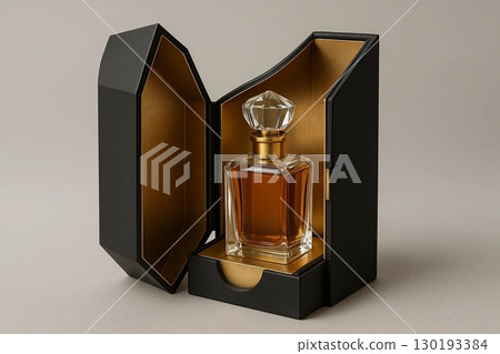 Luxury perfume bottle in black box mockup Luxury perfume bottle in black box mockup 130193384