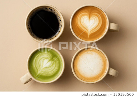 Variety of Coffee and Matcha Lattes, Top View 130193500