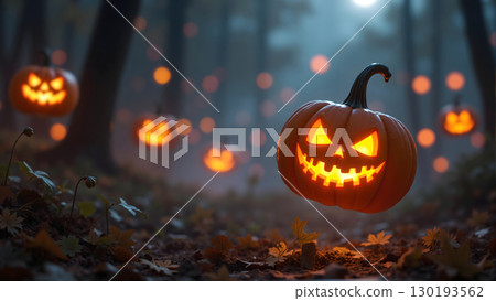 Floating Jack o'Lantern in Haunted Forest at Night. 130193562