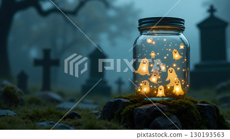 Glowing Cartoon Ghosts in a Jar at Spooky Graveyard. 130193563