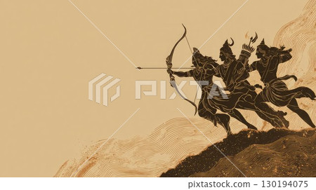 A minimalist golden artwork depicting Lord Rama, Lakshmana, and Hanuman in battle, symbolizing the triumph of good over evil, ideal for Dussehra or Vijaya Dashami celebrations. A minimalist golden artwork depicting Lord Rama, Lakshmana, and Hanuman in battle, symbolizing the triumph of good over evil, ideal for Dussehra or Vijaya Dashami celebrations. 130194075