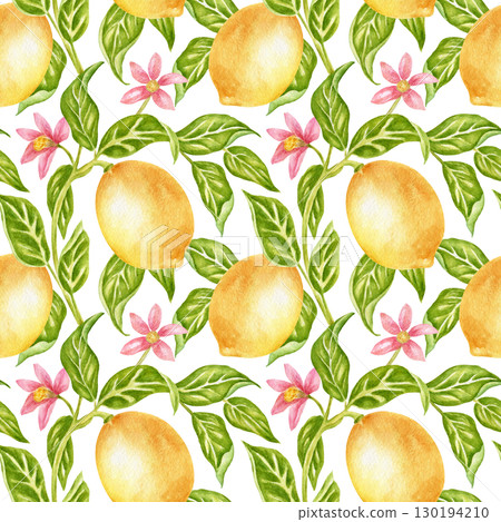 Seamless pattern with lemons, pink flowers, and green leaves. Flowering citrus tree, watercolor print. Juicy summer fruits for kitchen textiles, wallpaper, bedding, and tableware. Seamless pattern with lemons, pink flowers, and green leaves. Flowering citrus tree, watercolor print. Juicy summer fruits for kitchen textiles, wallpaper, bedding, and tableware. 130194210